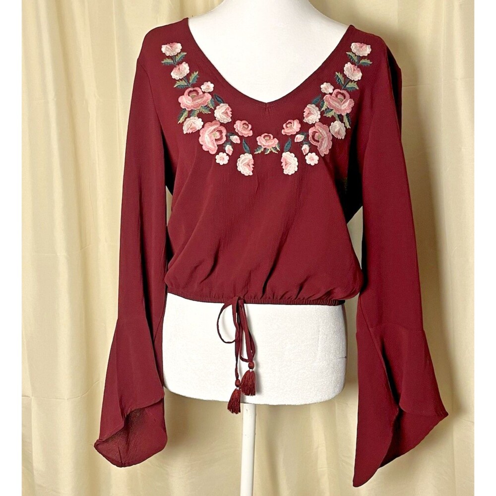 Rue21 Womens Medium Burgundy Embroidered Boho Blouse Bell Sleeve Open Back